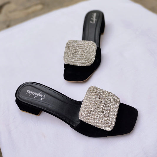 Rhinestones block heel