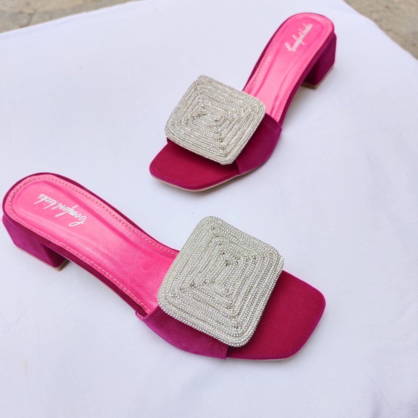 Rhinestones block heel