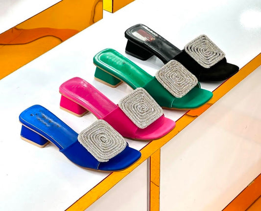 Rhinestones block heel