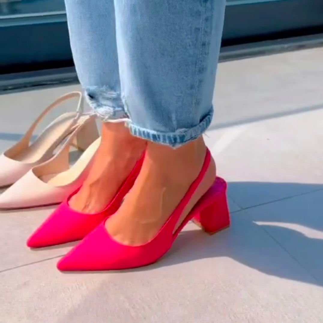 BLOCK HEEL POINTED TOE SLINBACK