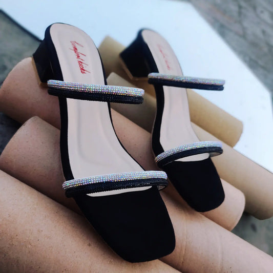 BLACK RHINESTONES BLOCK HEEL